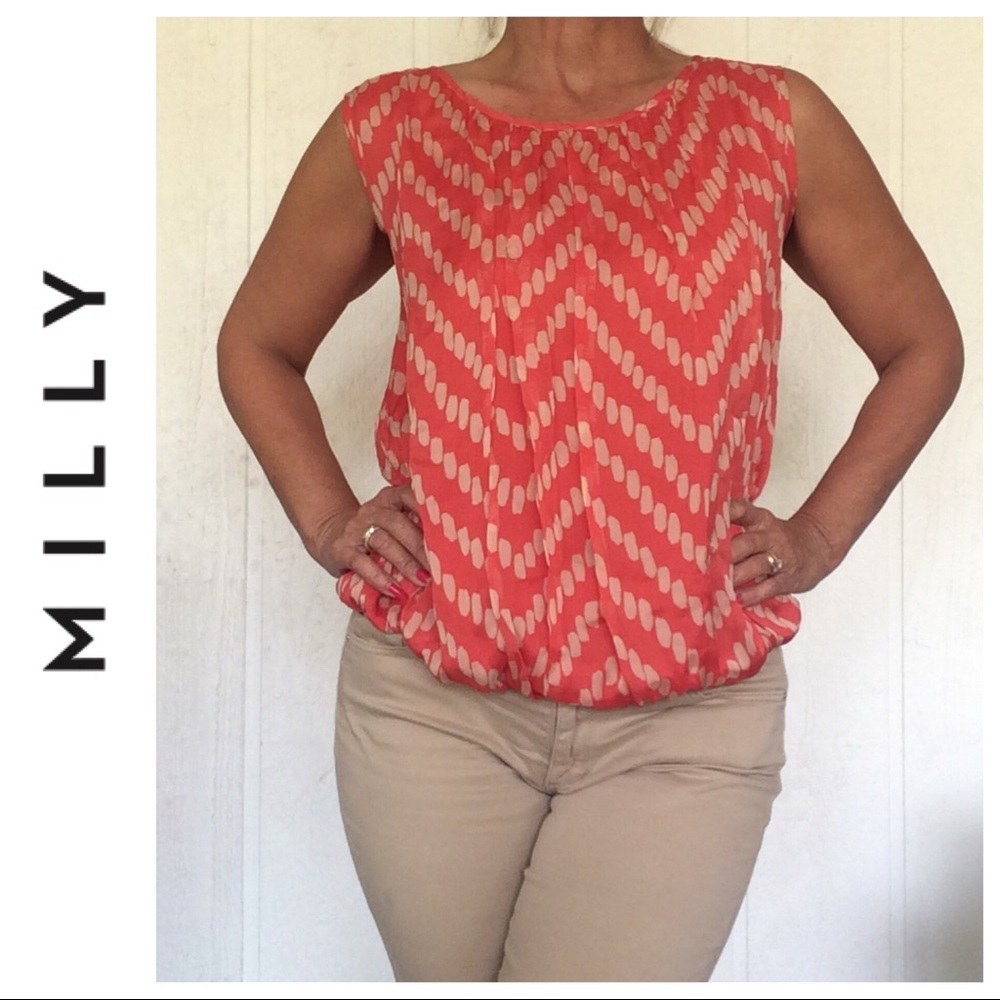 MILLY SILK ORANGE PATTERNED SLEEVELESS BLOUSE SZ 4